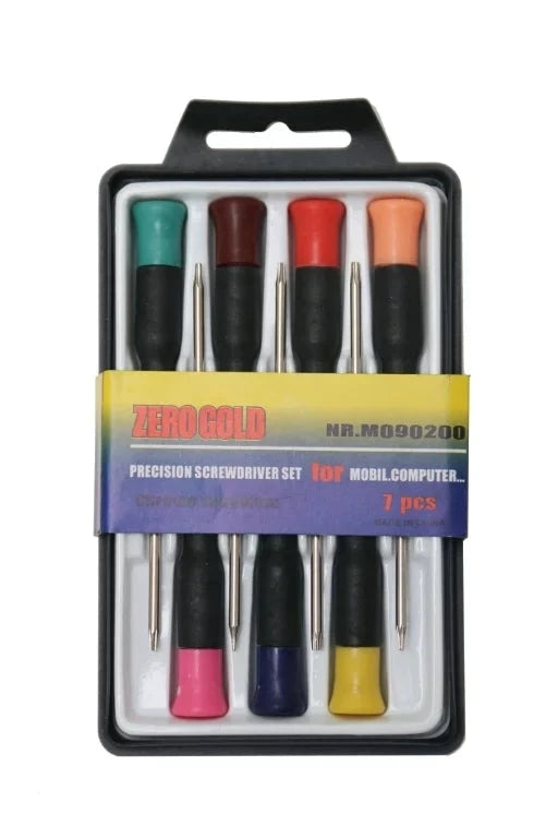Screw Driver 7pcs Colour Mobile H/D set displayed in a case, featuring different color-coded handles designed for precision and heavy-duty use.