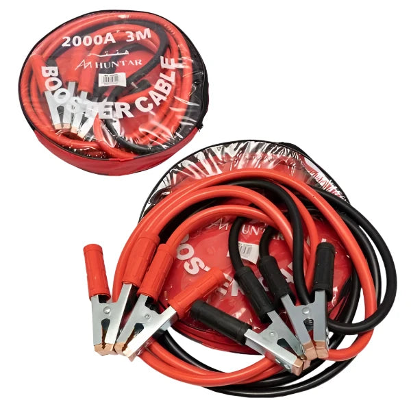 Heavy-duty Booster Cable H/D Huntar 2000A 3M, featuring sturdy clamps and durable cables, ideal for jumpstarting vehicles and storing in emergency kits.
