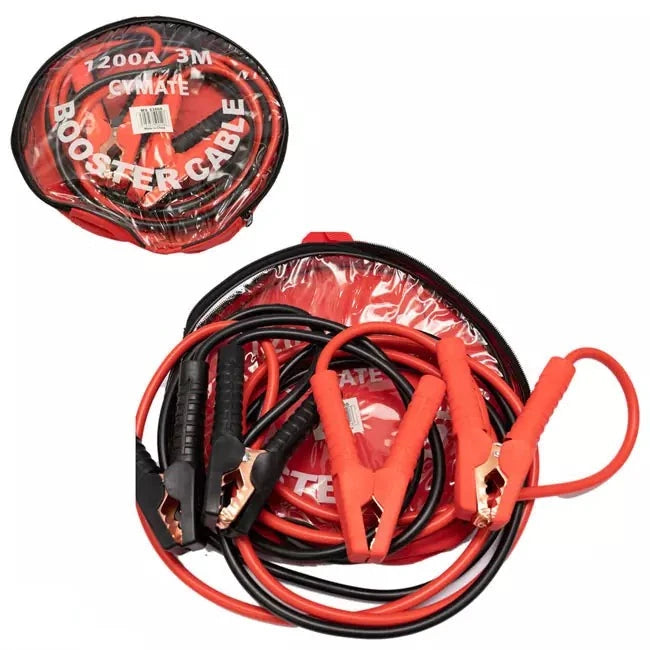 Booster Cable 3Mtr Cymate featuring heavy-duty clamps for jumpstarting vehicles, packaged in a convenient carrying case, ideal for emergency situations.