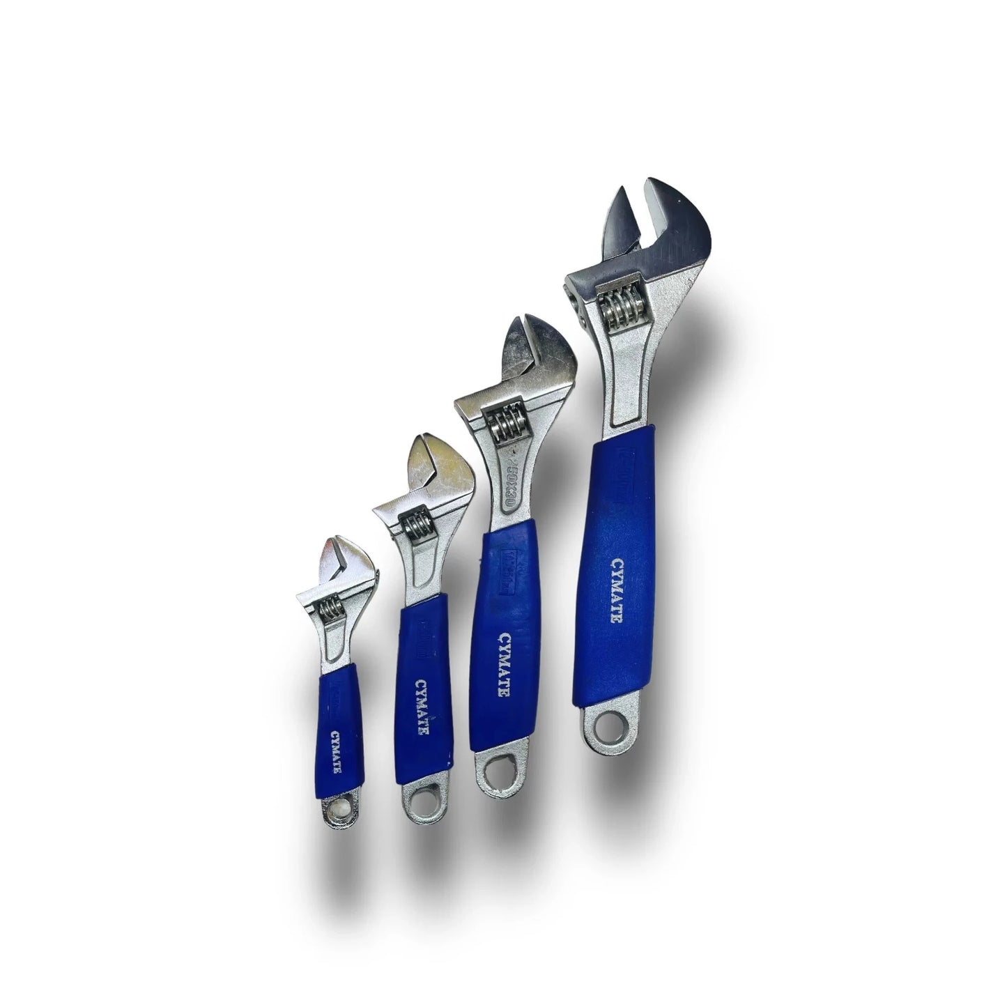 Set of Adjustable Wrenches Blue Cymate featuring four sizes, showcasing the ergonomic blue handles and durable construction ideal for plumbing, automotive, and general maintenance tasks.
