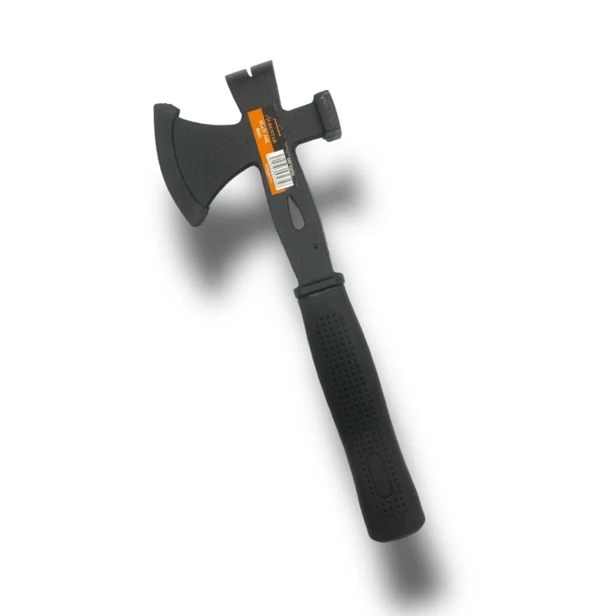 Huntar 3-in-1 Multi-Purpose Tool showing an axe, camping hammer, and nail puller features. Ideal for outdoor and home improvement tasks.