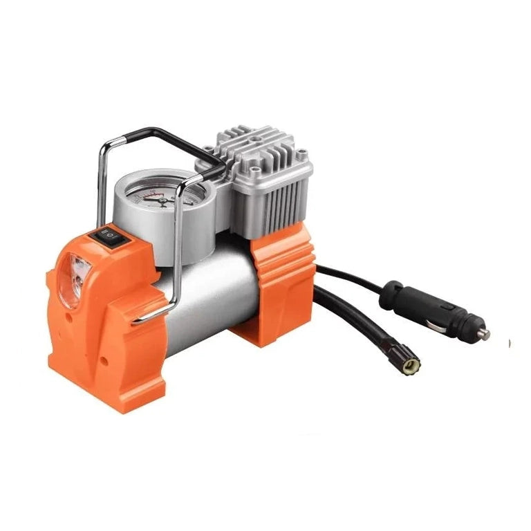 Air Compressor SFAK12A by Somafix, showcasing its compact design, pressure gauge, and DC 12V power connection, perfect for inflating tires and sports equipment.