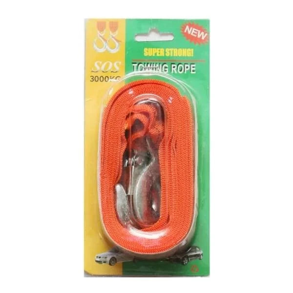 Tow Rope Flat Belt 3000kgs X 4mtr displayed in packaging, showcasing a bright orange color and strong hooks, ideal for heavy hauling and towing tasks.