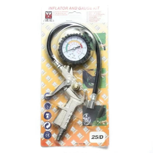 Air Inflator & Gauge Kit displayed in packaging, featuring a precision gauge and inflator nozzle, ideal for maintaining optimal tire pressure for vehicles.