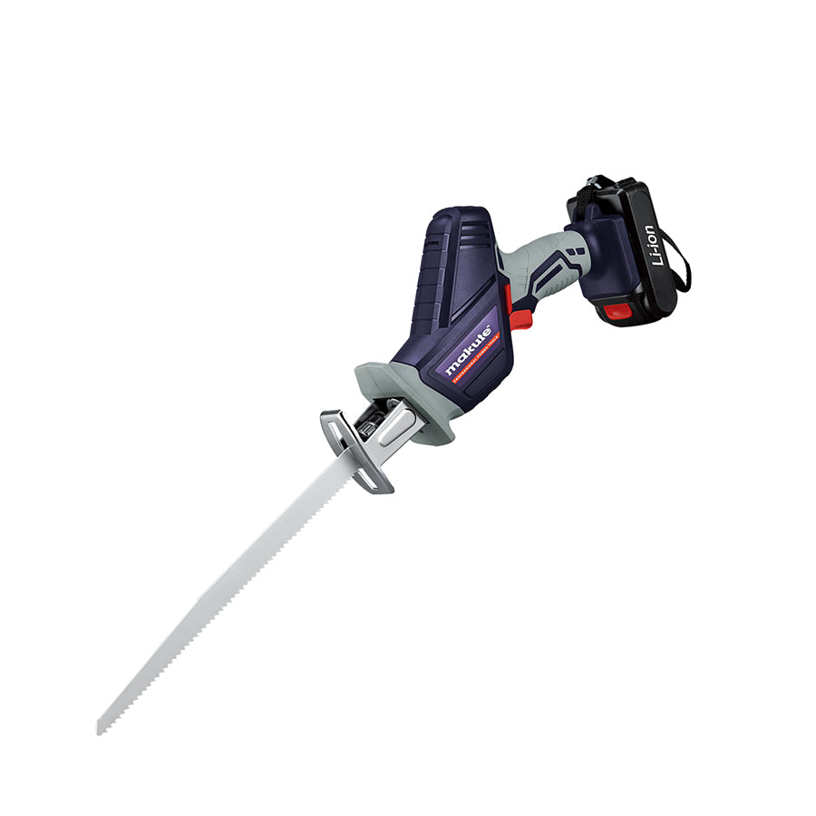 Cordless Reciprocating Saw CRS001 20V by Makute showcasing its sleek ergonomic design, ideal for versatile cutting tasks across various materials, with a cordless battery for ease of use.