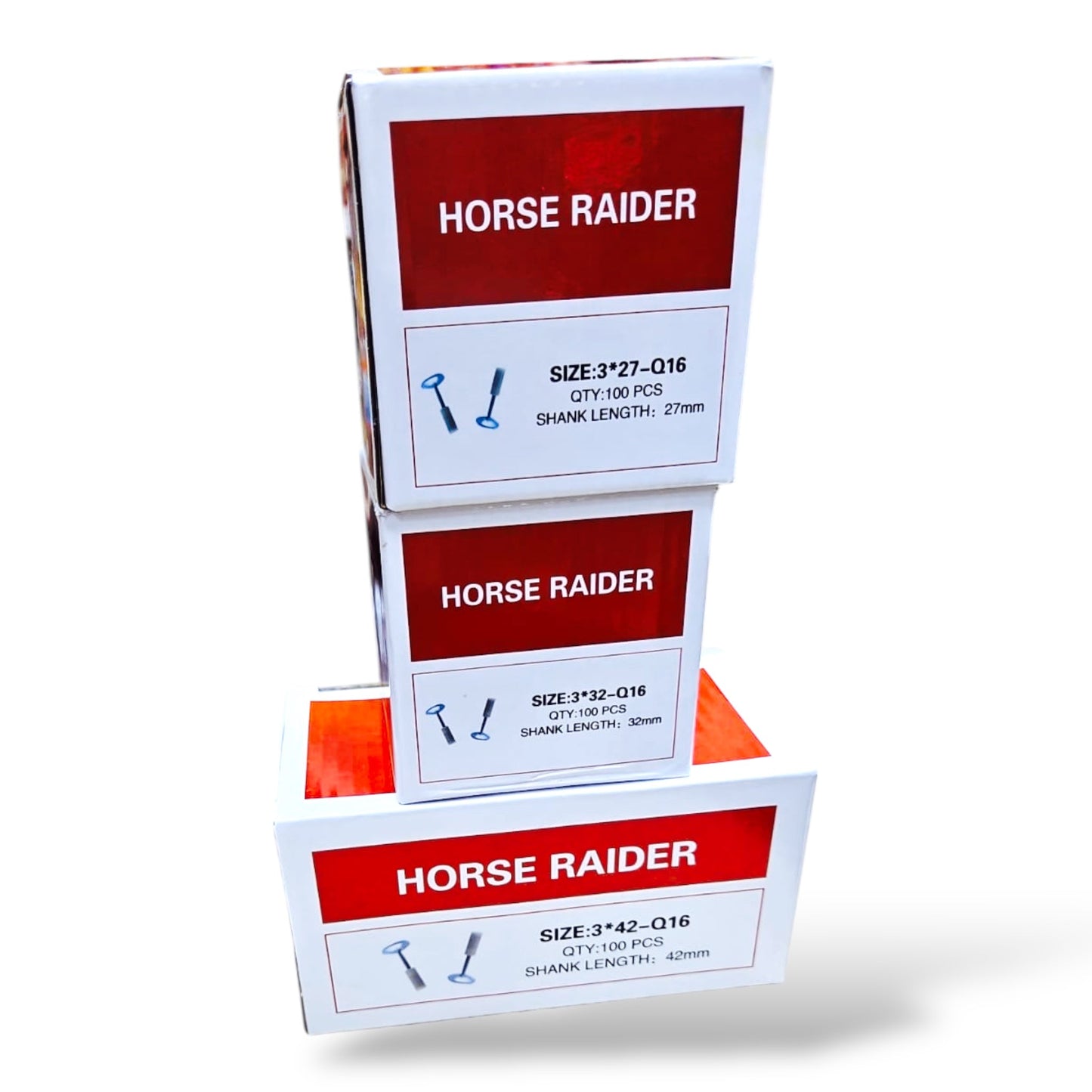 Pack of Nail for Gun by Huntar, featuring multiple boxes labeled 'Horse Raider' with different sizes including 27mm, 32mm, and 42mm nails.