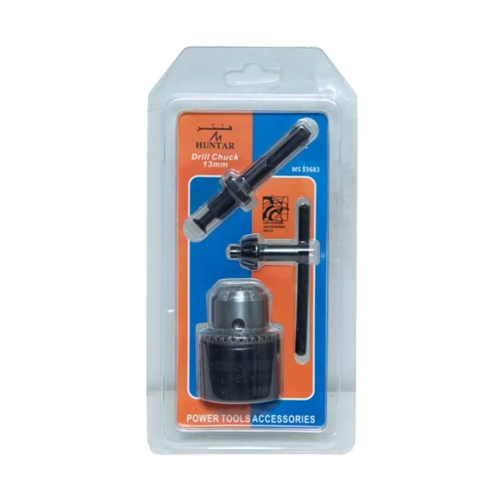 Drill Chuck 13mm 3pcs Set with key Hunter in packaging, showcasing durable and precision-engineered drill chucks suitable for various materials.
