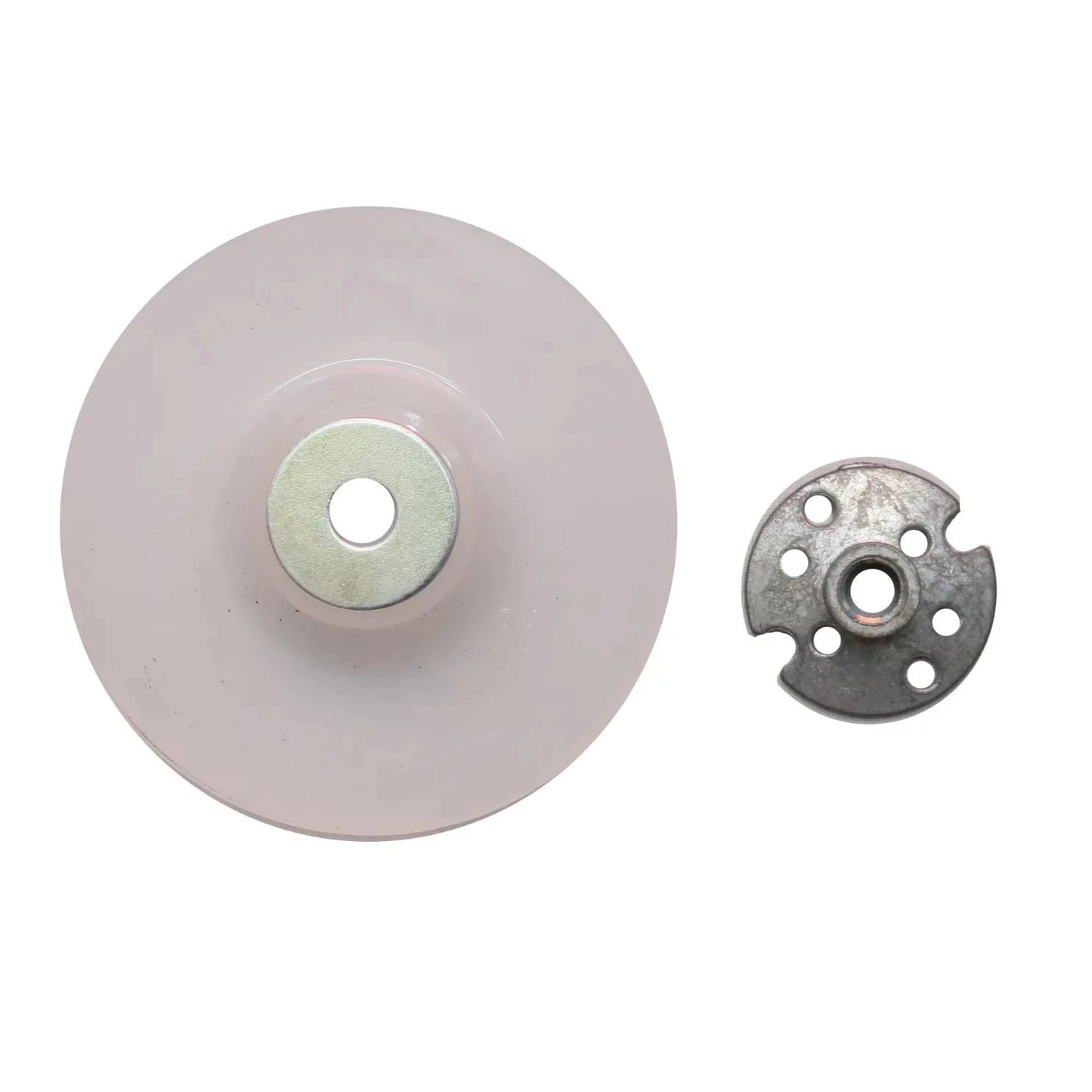 Backing Pad Plastic with Nut in White, featuring a durable plastic design and metal nut, ideal for enhancing tool performance and ensuring secure attachment of sanding discs.