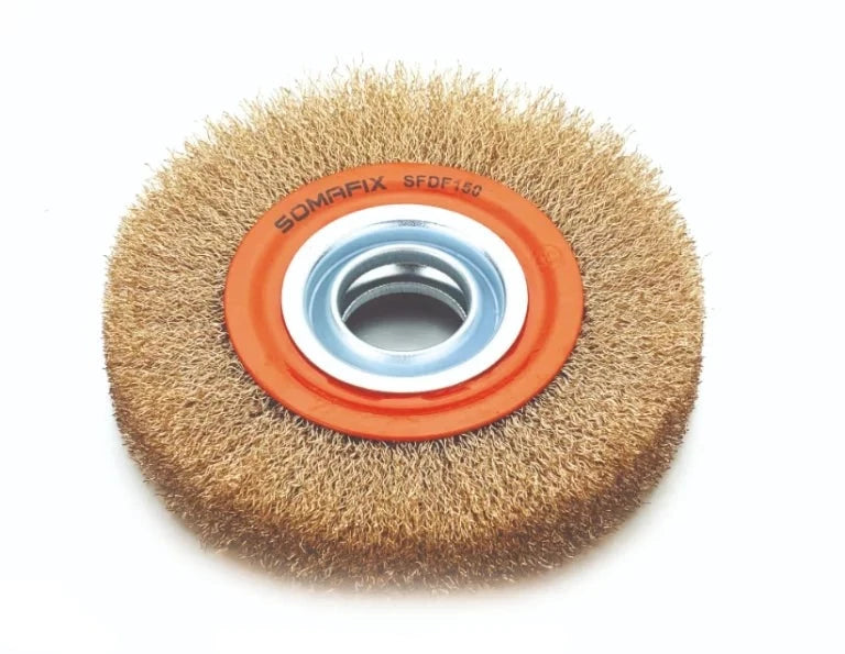 Wheel Brush Somafix Crimped featuring crimped bristles designed for effective cleaning in hard-to-reach areas, showcasing robust construction and ergonomic design for optimal control.