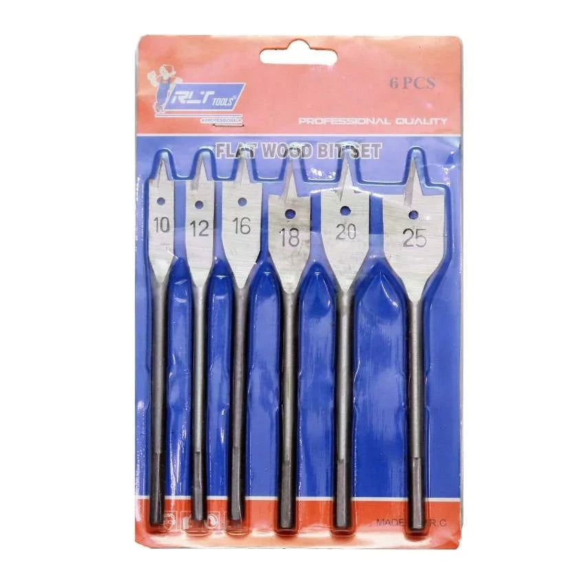 Drill Bit 6pcs Set Wood Flat displayed in packaging, showcasing various sizes of flat wood drill bits designed for precise and clean drilling in woodworking projects.