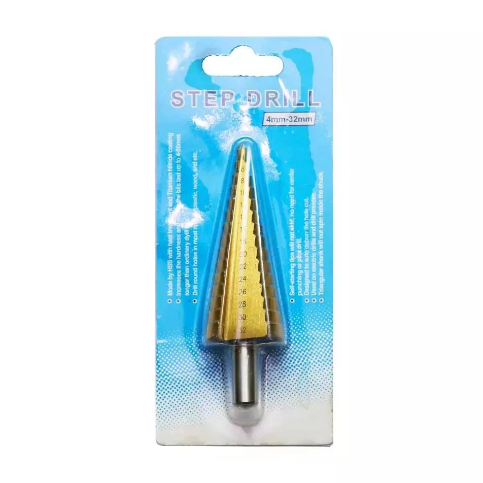 Step Drill Bit packaged on a blue background, showcasing its cone shape and precision design for drilling multiple hole sizes efficiently.