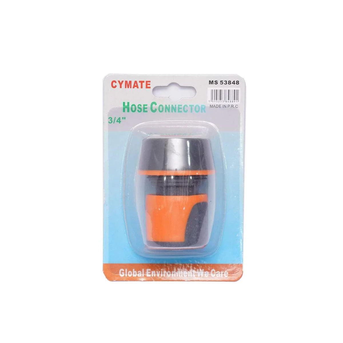 Garden Hose Connector MS53848 3/4" by Cymate, featuring a durable and secure design for leak-proof connections, packaged for retail display.