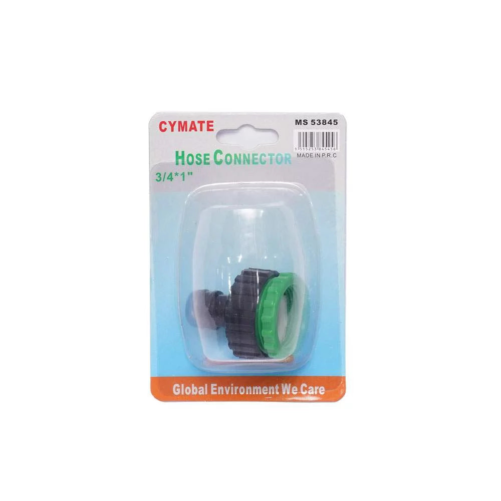 Cymate Garden Hose Connector MS 53845 3/4" To 1" packaging showcasing its design for seamless connection of hoses in gardening.