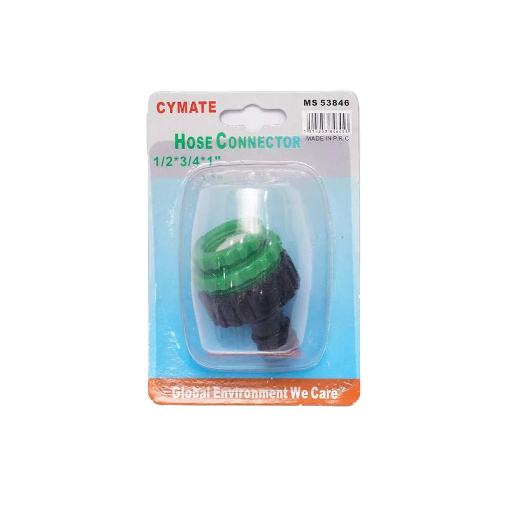 Garden Hose Connector MS53846 1/2"*3/4"*1" displayed in packaging, featuring a durable design for secure and leak-proof hose connections.