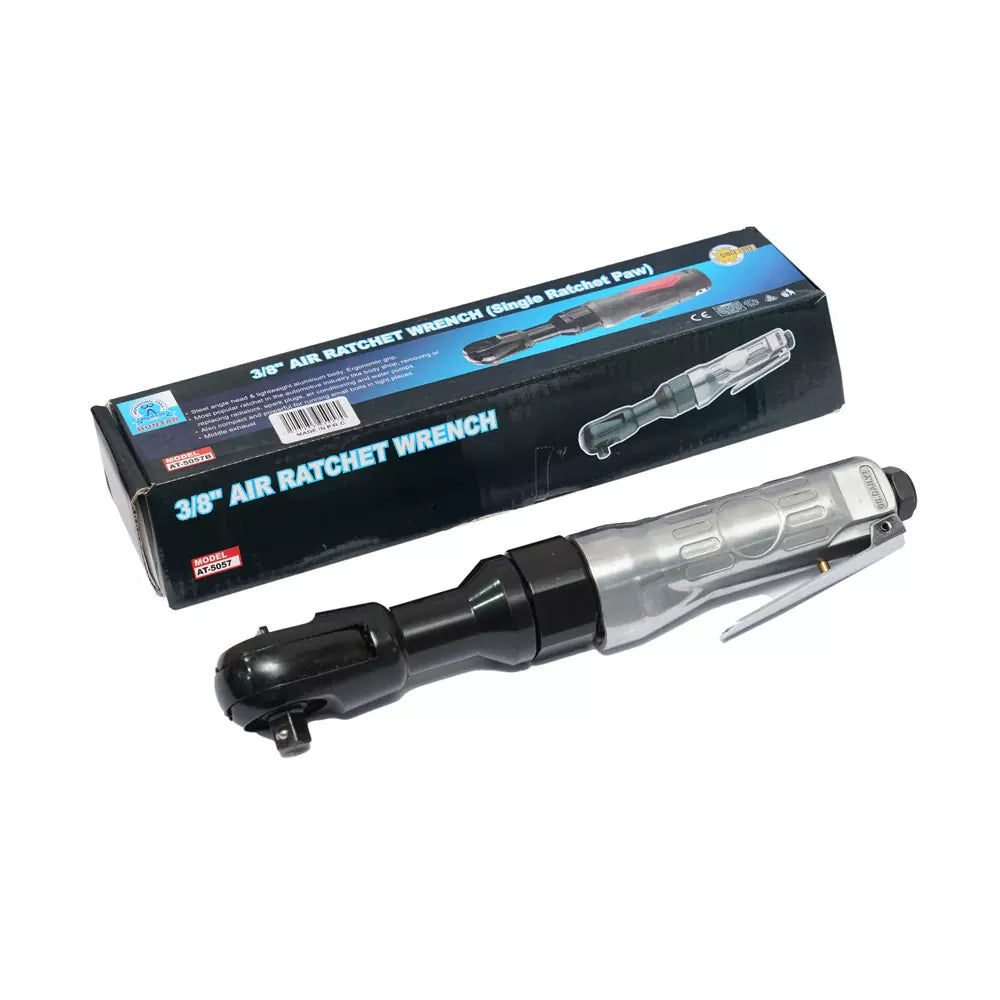 Air Ratchet Wrench 3/8" Dr AT-5057 with packaging, showcasing high-performance design for mechanics and DIY enthusiasts, featuring ergonomic grip and easy trigger control for enhanced precision.