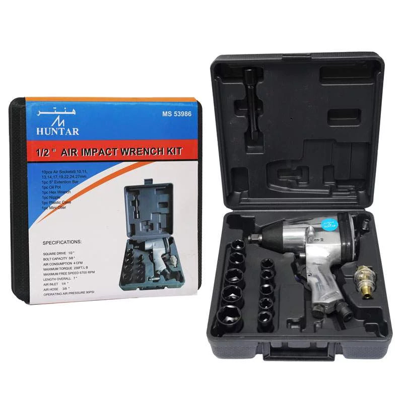 Air Impact Wrench 1/2" DR 17pcs MS53986 kit displayed with the wrench, multiple socket attachments, and storage case for efficient fastener management.