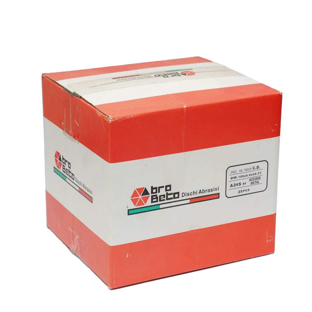 Side view of Disk Metal Grinding packaging box with 25 abrasive discs by bro beto, featuring a red and white color scheme.