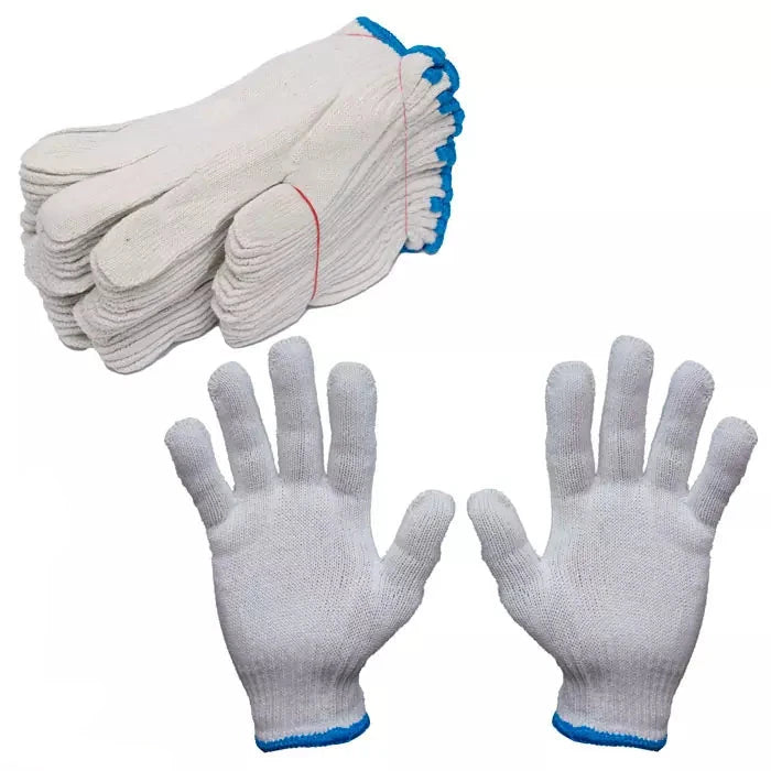 Huntar Blue Cotton Work Gloves - 12 Pair Pack shown stacked, featuring a breathable white cotton material with blue accents, ideal for construction, gardening, and DIY projects.