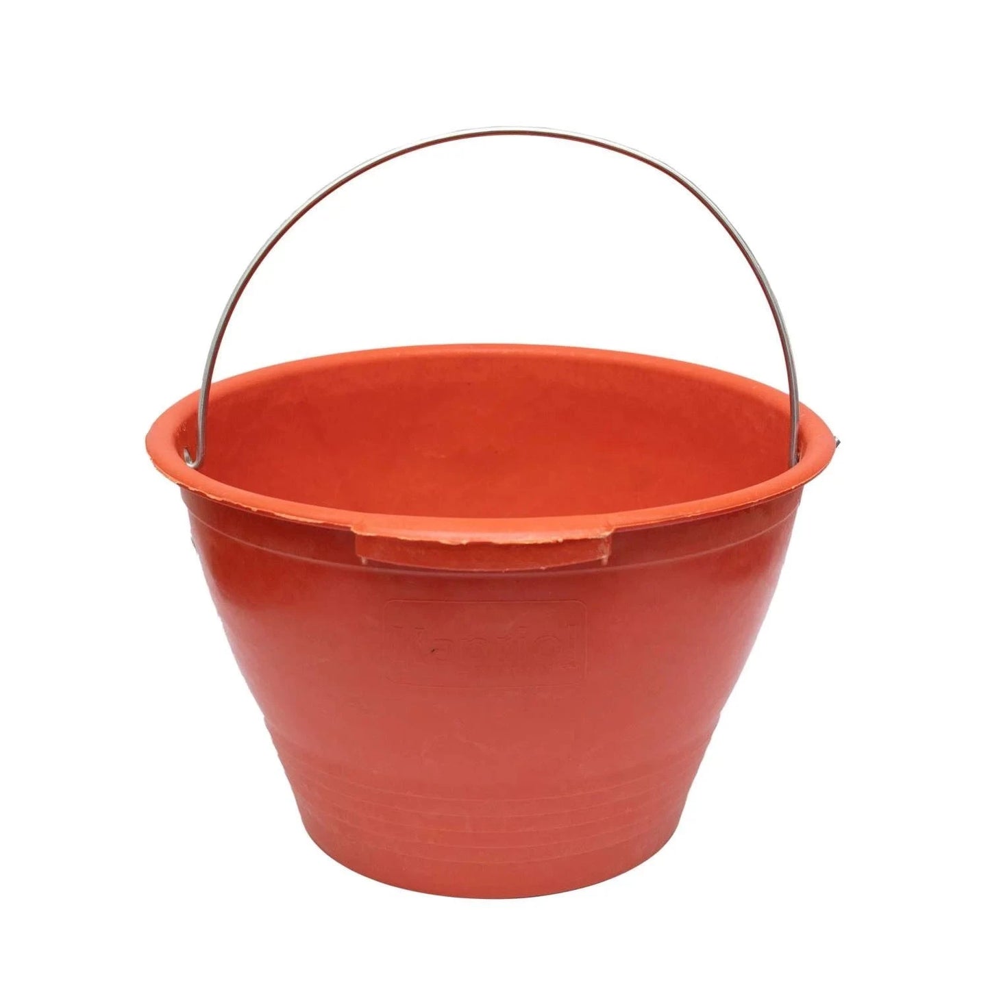 Heavy-duty orange plastic bucket by Kapriol with a metal handle, perfect for various carrying and storage tasks in commercial and residential settings.