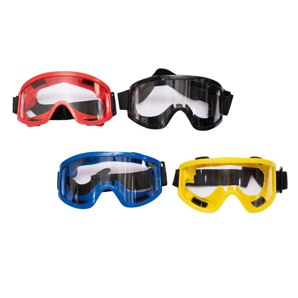 Goggles Dust Clear & Black - A display of four safety goggles in vibrant colors including red, blue, yellow, and black, showcasing their protective design for various activities.