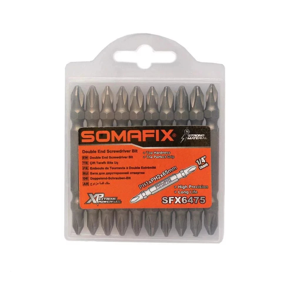 Somafix Screw Bit PH1+PH2 SFX6475 packaging featuring a double end screwdriver bit. Ideal for versatile screwdriving tasks with high precision and longevity.