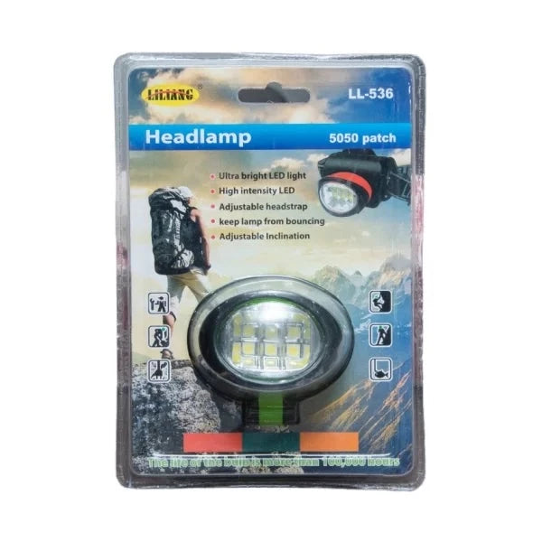 Head Lamp No 536 in orange packaging showcasing ultra bright LED light and adjustable features, ideal for camping and outdoor activities.