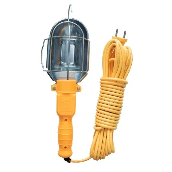 Hand Lamp Working Portable MS53194 in vibrant yellow color with protective metal cage and coiled electric cord, designed for efficient and portable lighting solutions.