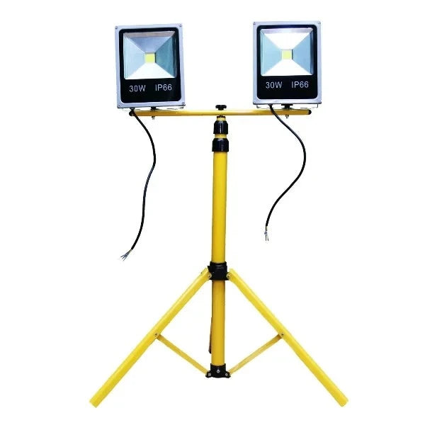 Work Light With Stand LED 2 Light 30w featuring dual LED lights on a height-adjustable yellow stand, ideal for professional and DIY projects, providing bright illumination for various work tasks.