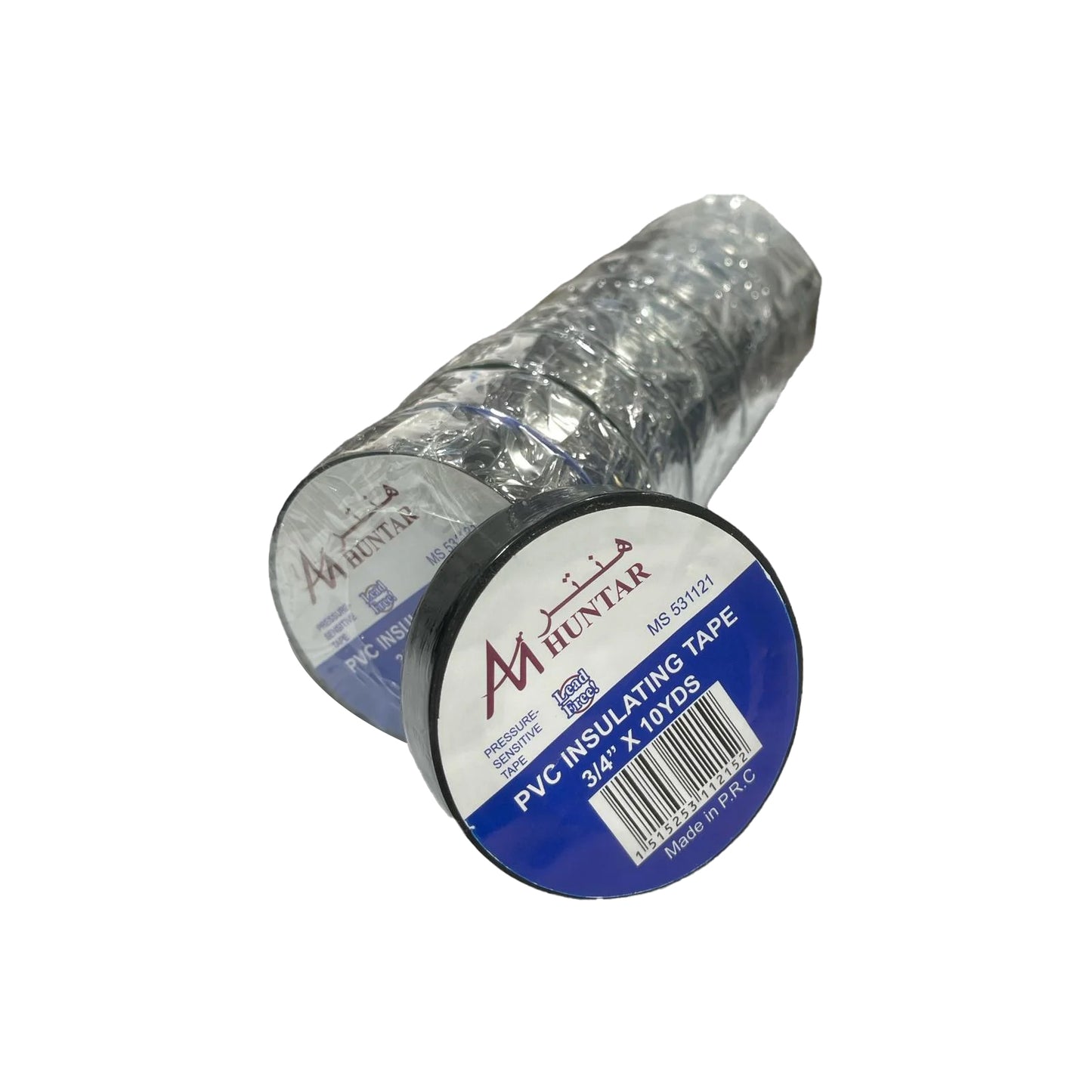Electric Tape Black Huntar shown in rolls, ideal for electrical insulation and protection, designed for both indoor and outdoor use, featuring high conductivity and weather resistance.