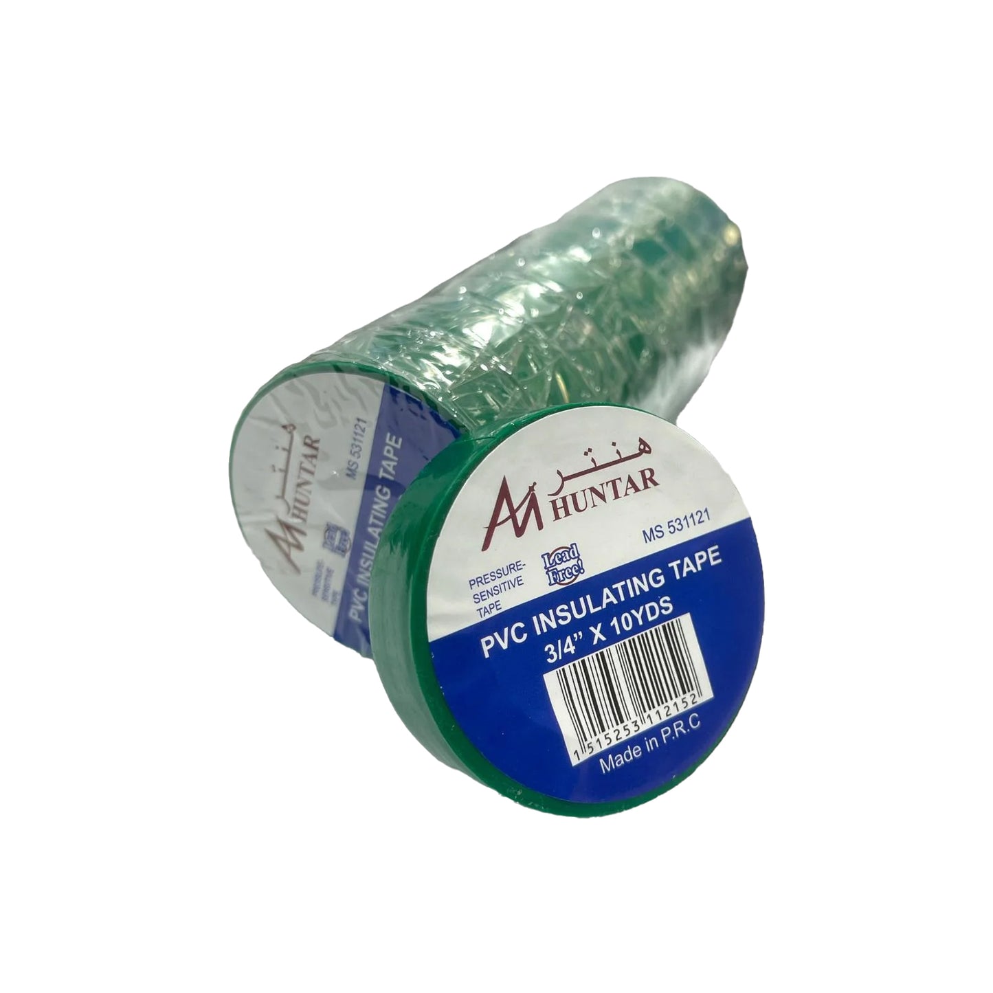 Electric Tape Green Huntar, a high-quality PVC insulating tape measuring 3/4" x 10 yards, designed for reliable electrical connections and versatility in indoor and outdoor applications.