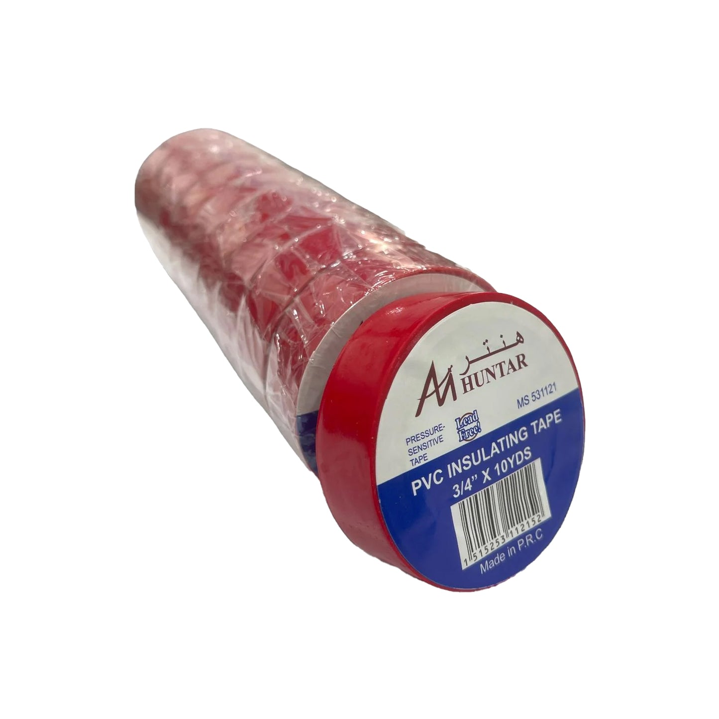 Electric Tape Red Huntar displayed in a clear packaging, showcasing its vibrant red color and product branding. Ideal for electrical insulation and wiring projects, this durable PVC insulating tape is designed for efficiency and reliability in both DIY and professional applications.