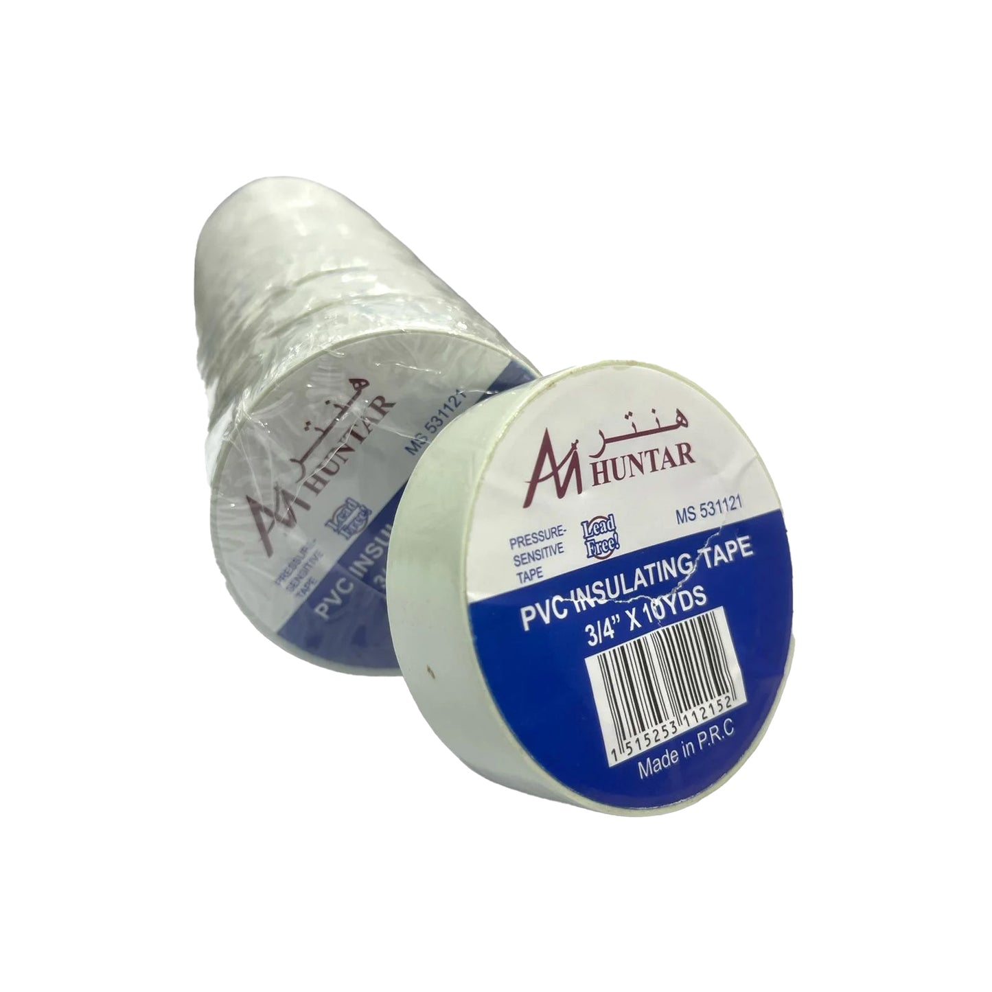 Electric Tape White Huntar, a high-performance PVC insulating tape in a roll, showcasing its durable and flexible design for electrical projects. Ideal for both DIY and professional use.