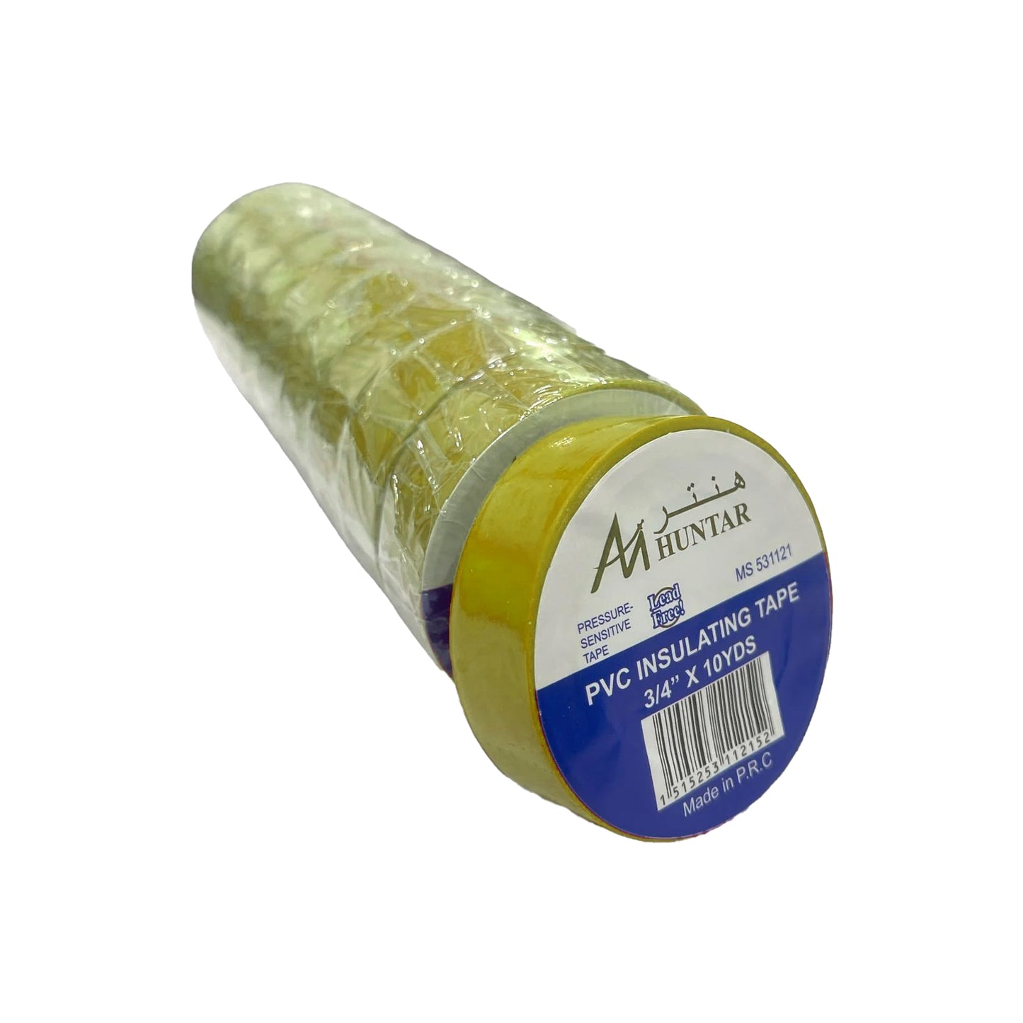 Electric Tape Yellow Huntar - Durable PVC insulating tape roll measuring 3/4" x 10 yards, ideal for electrical insulation and safety identification.
