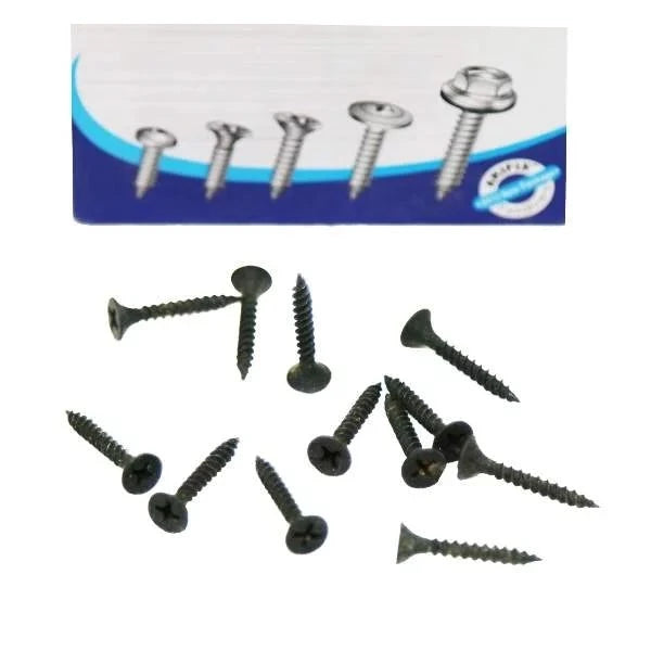 Image of black coarse thread drywall screw assortment, showcasing various sizes and shapes, emphasizing durability and strength for drywall installation projects.