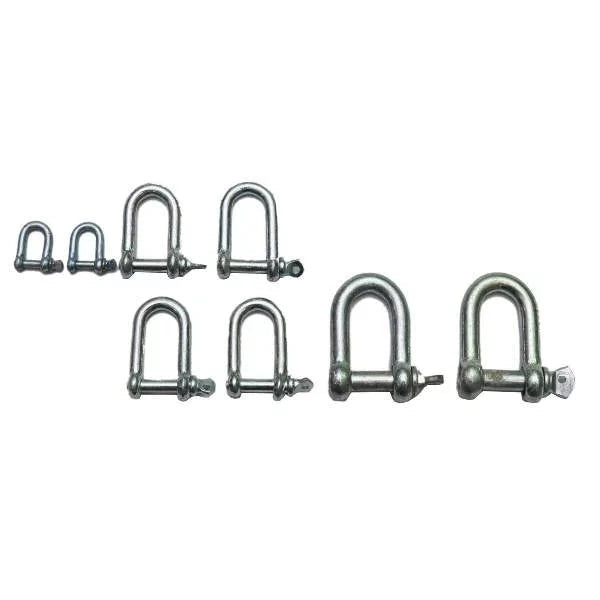 Galvanized D Shackles in a variety of sizes, showcasing their robust design and corrosion-resistant finish, ideal for heavy-duty fastening applications.