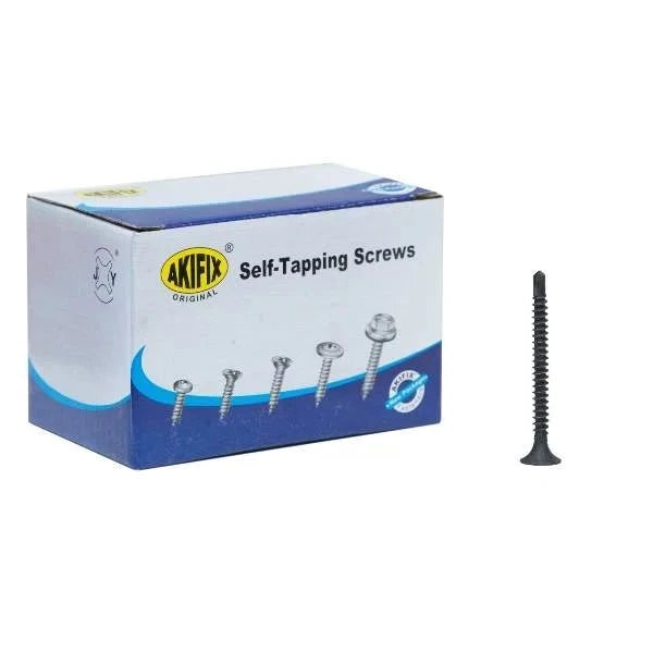 Pack of Self Drilling Screws Black by Huntar displayed with a single screw, showcasing their durable construction and sleek black finish, ideal for various fastening applications.