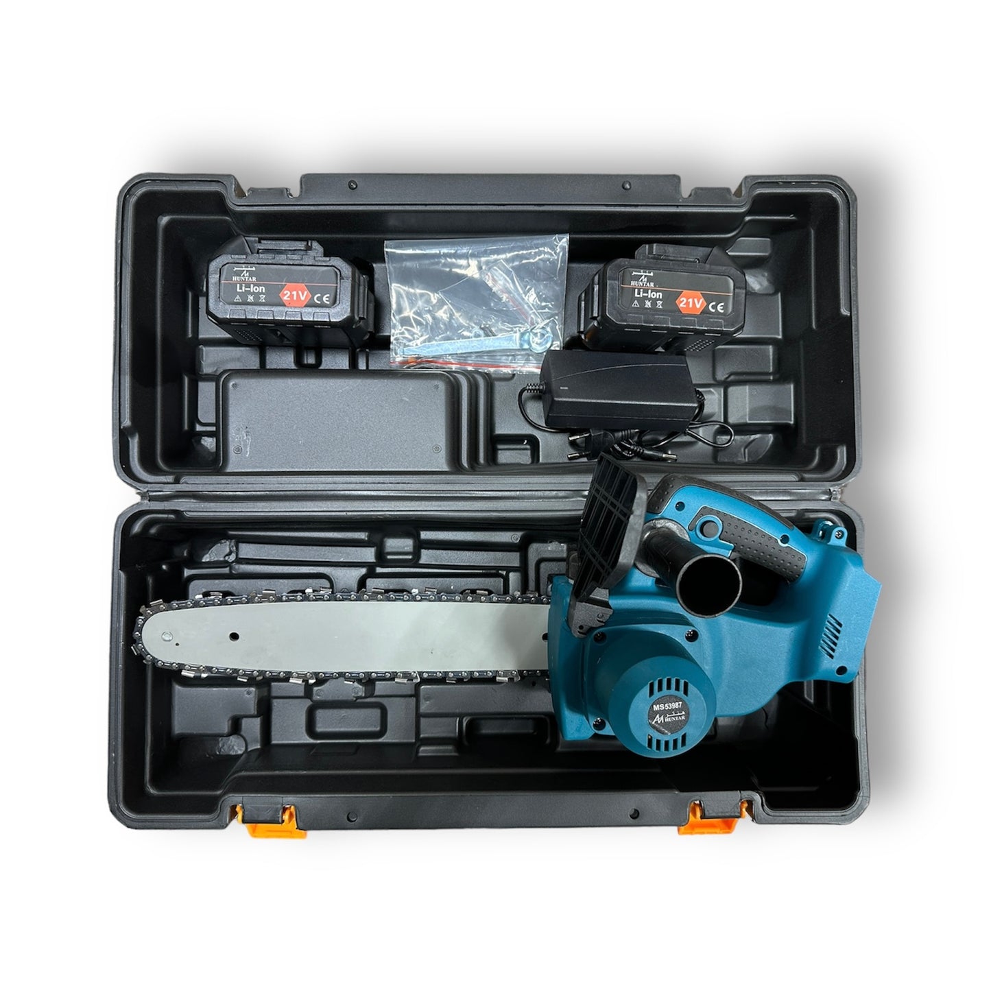 Cordless Chain Saw 12" 21V With 2 Battery MS53987 Huntar displayed in its case, featuring two batteries, a charger, and essential accessories.