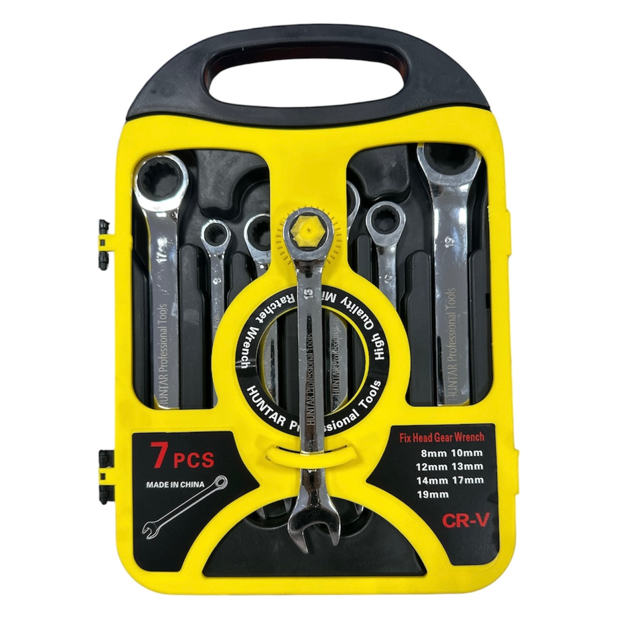 Transformer Ratchet Wrench Combination 7pcs set (8-19mm) displayed in a durable yellow and black carrying case, showcasing the high-quality tools suitable for mechanics and DIY enthusiasts.