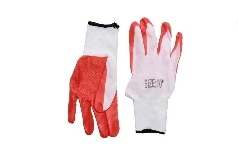 Gloves Palm Nylon MS53901 in White and Orange color scheme, showcasing ergonomic design for comfort and enhanced grip, ideal for various tasks.