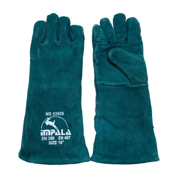 Heavy-Duty Green Welding Gloves from Pakistan Impala, MS 53908, designed for extreme heat resistance and enhanced grip, suitable for professional welding tasks.