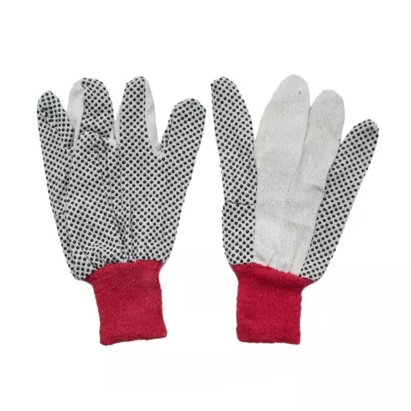 Gloves Dotted Black 12Oz from Pakistan, showcasing a pair of durable work gloves with a dotted design for enhanced grip and a red cuff, ideal for various tasks including construction and gardening.