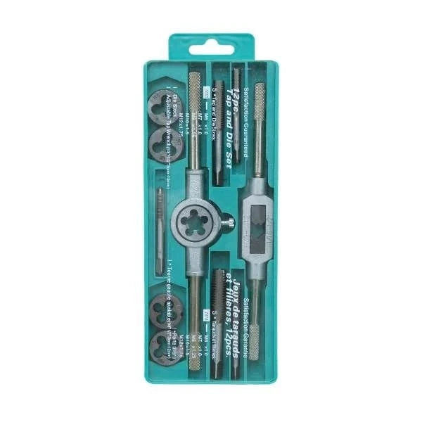 Tap And Die Set 12pcs Set displaying precision threading tools in a plastic organizer, showcasing various sizes for versatile metal, plastic, or wood applications.