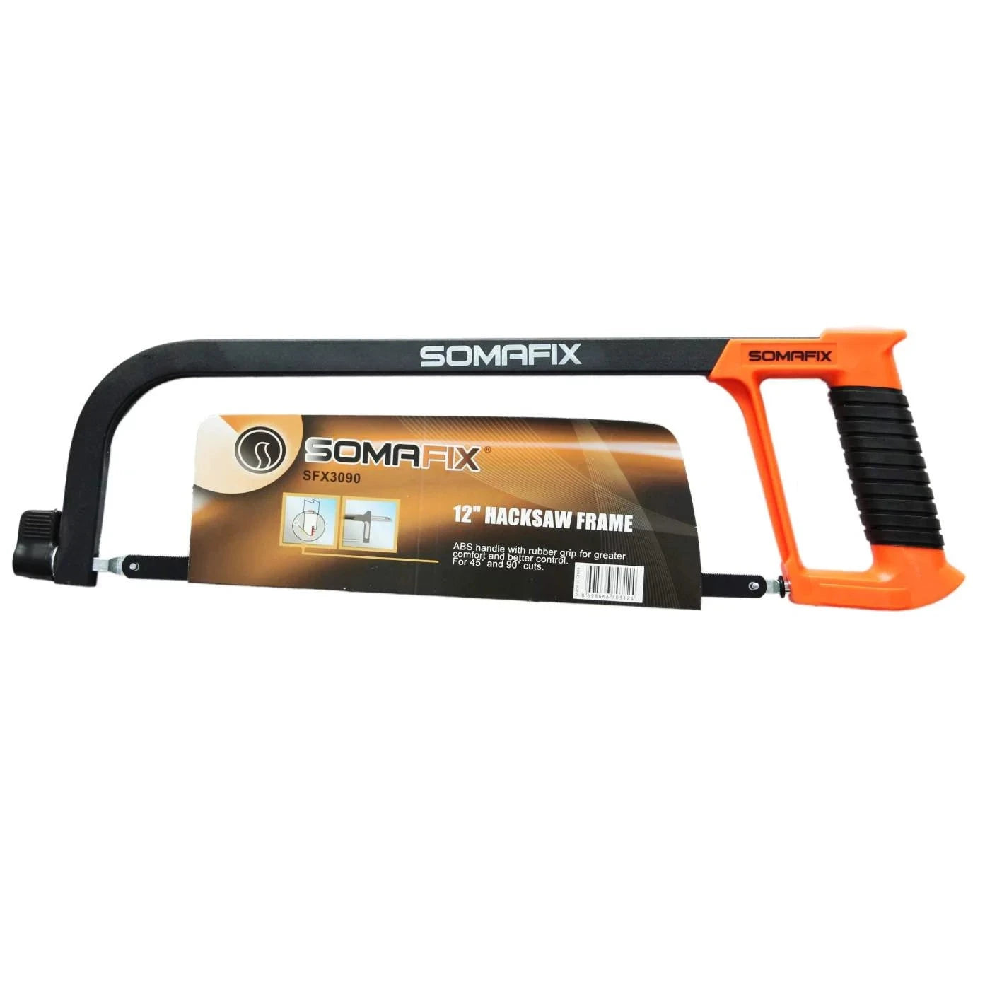 Hacksaw Frame 12" SFX3090 Somafix featuring a durable black and orange design, suitable for precision cutting of various materials like metal, plastic, and wood.
