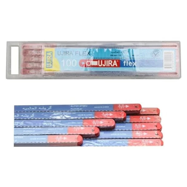 Hacksaw Blade Ujira - pack of 100 high-quality blades in a clear packaging, ideal for precise cutting in metal, plastic, and wood projects.
