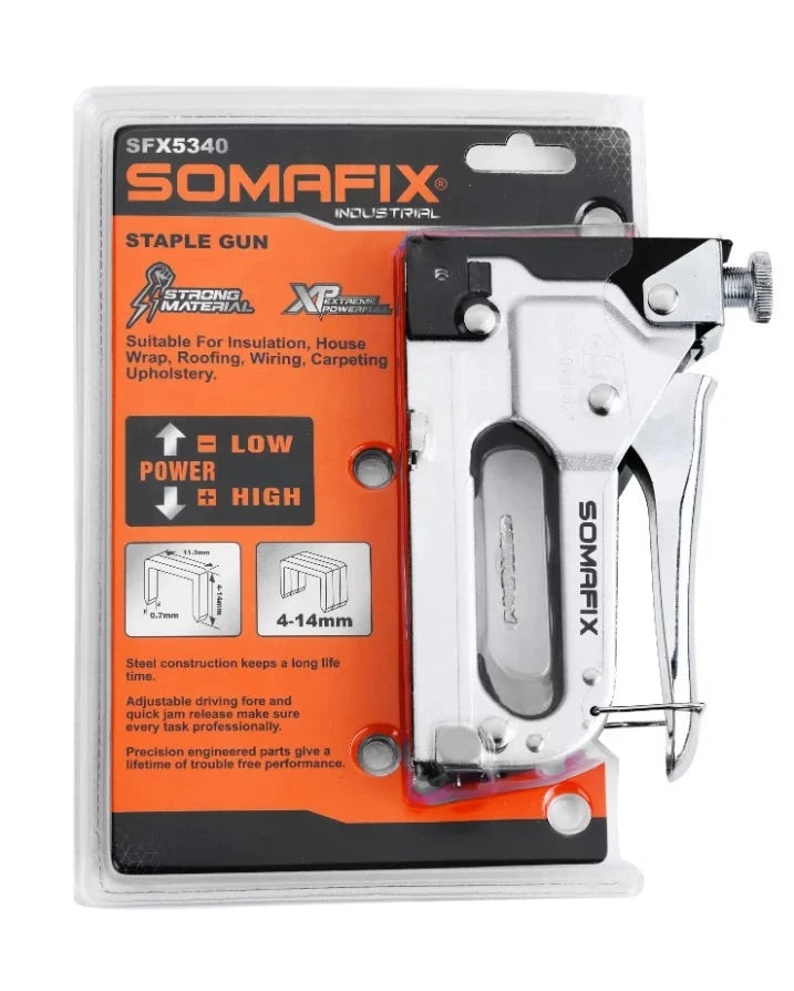 Somafix Staple Gun 4-14mm SFX5340 package, showcasing its ergonomic design and suitability for insulation, upholstery, and various DIY projects with detailed specifications and features.