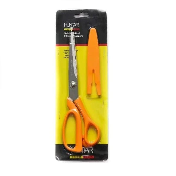 Scissors Tailor 8" Plastic Handle by Huntar, featuring sharp stainless steel blades and an ergonomic orange plastic handle, perfect for precision cutting in sewing and crafting projects.