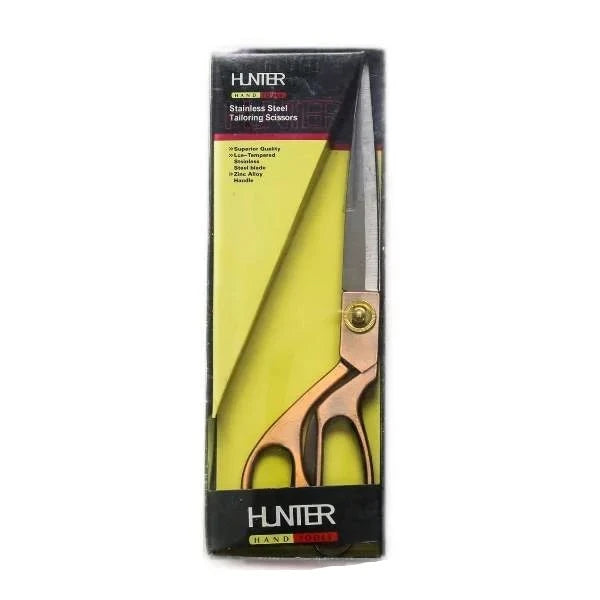 Scissors Tailor Copper Handle Huntar displayed in packaging, highlighting premium copper handles and sharp stainless steel blades for precision cutting in tailoring and crafting.