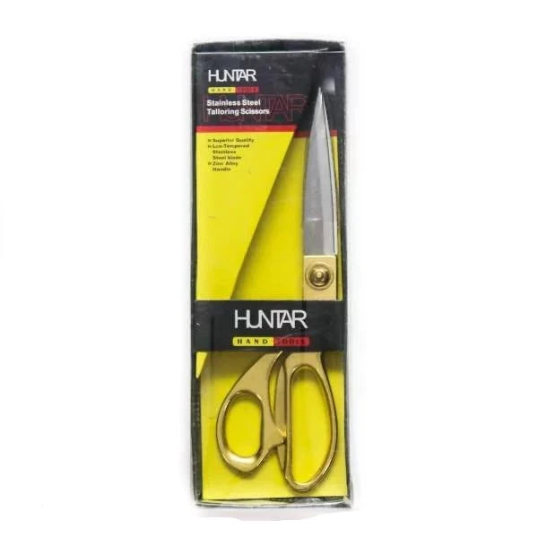 Huntar Gold Handle Scissors Tailor displayed in packaging, featuring ergonomic design and stainless steel blades for professional sewing and tailoring.