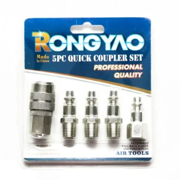 Coupler Pneumatic 5pcs Set Chrome showcasing a professional quality 5-piece quick coupler set on a branded packaging, designed for secure connections with pneumatic tools.