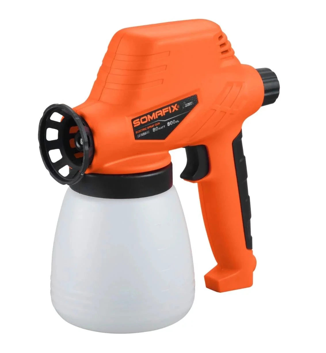 Somafix SFX8646 Electric Spray Gun, 80W, featuring a sleek orange design and a detachable paint container, ideal for achieving flawless finishes in painting projects.